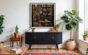 Harlem in the Moonlight Art Print featuring New York City yellow taxis at night under a glowing moon. Abstract Afrocentric Harlem cityscape wall art with vibrant colors and urban style.