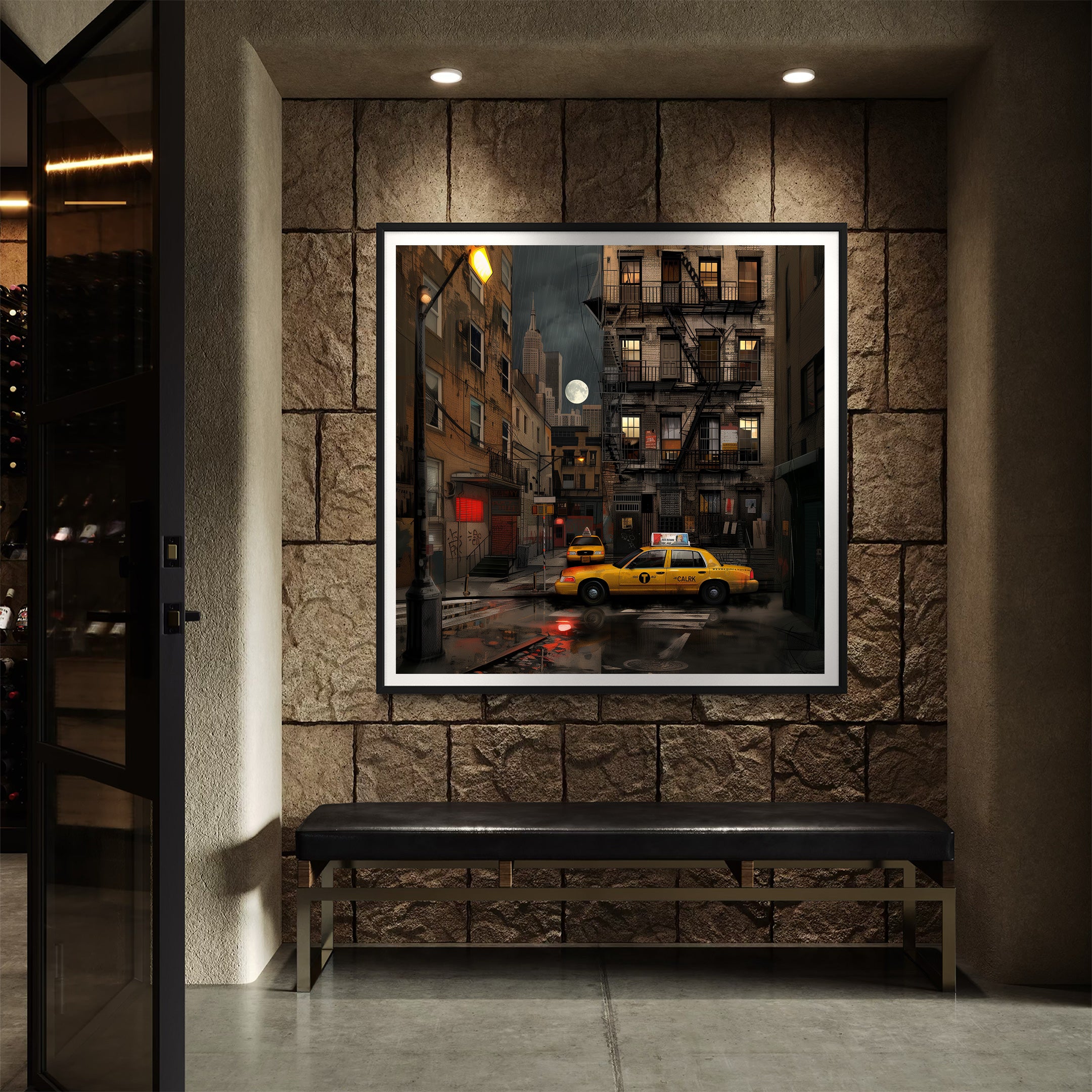 Harlem in the Moonlight Art Print featuring New York City yellow taxis at night under a glowing moon. Abstract Afrocentric Harlem cityscape wall art with vibrant colors and urban style.