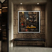 Harlem in the Moonlight Art Print featuring New York City yellow taxis at night under a glowing moon. Abstract Afrocentric Harlem cityscape wall art with vibrant colors and urban style.