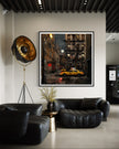 Harlem in the Moonlight Art Print featuring New York City yellow taxis at night under a glowing moon. Abstract Afrocentric Harlem cityscape wall art with vibrant colors and urban style.