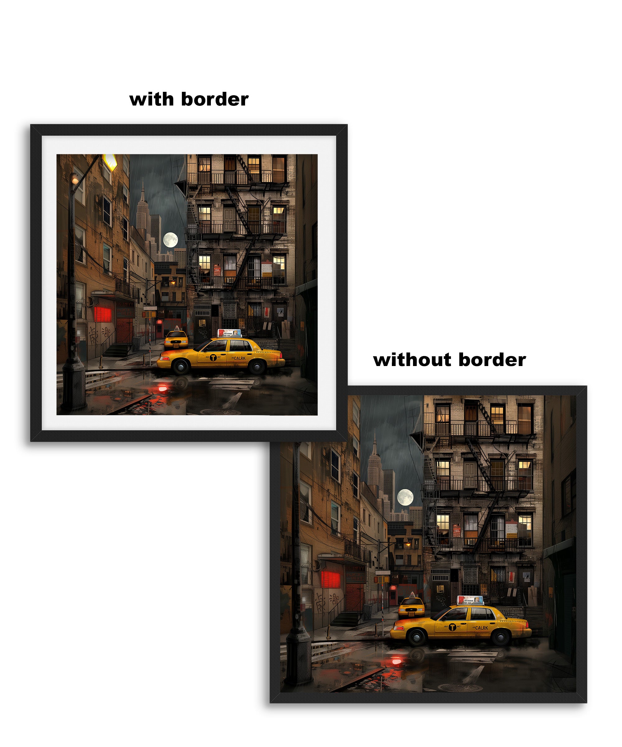 Harlem in the Moonlight Art Print featuring New York City yellow taxis at night under a glowing moon. Abstract Afrocentric Harlem cityscape wall art with vibrant colors and urban style.