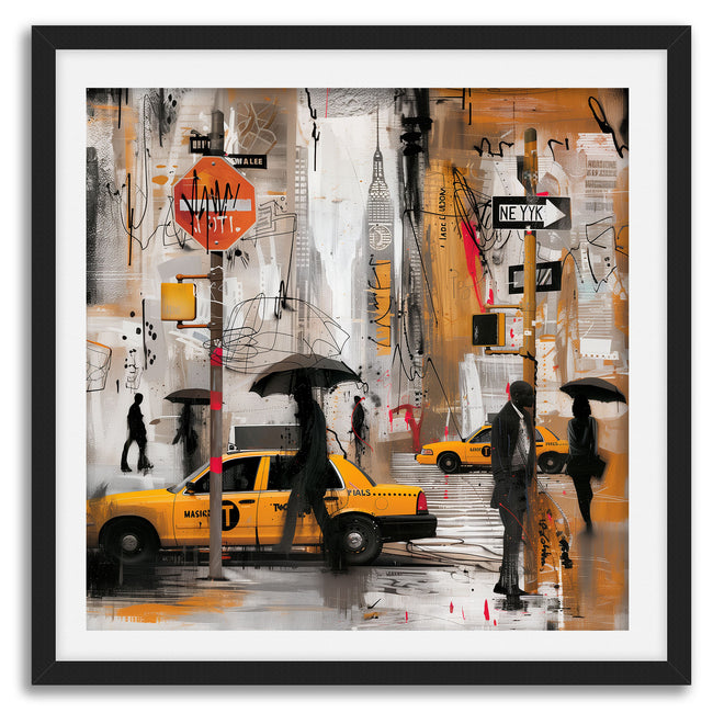 Walking in the Rain in Harlem Art Print featuring African American figures walking under umbrellas on Harlem streets with glowing yellow cabs and moonlight. Afrocentric abstract cityscape wall art celebrating Harlem life and culture.