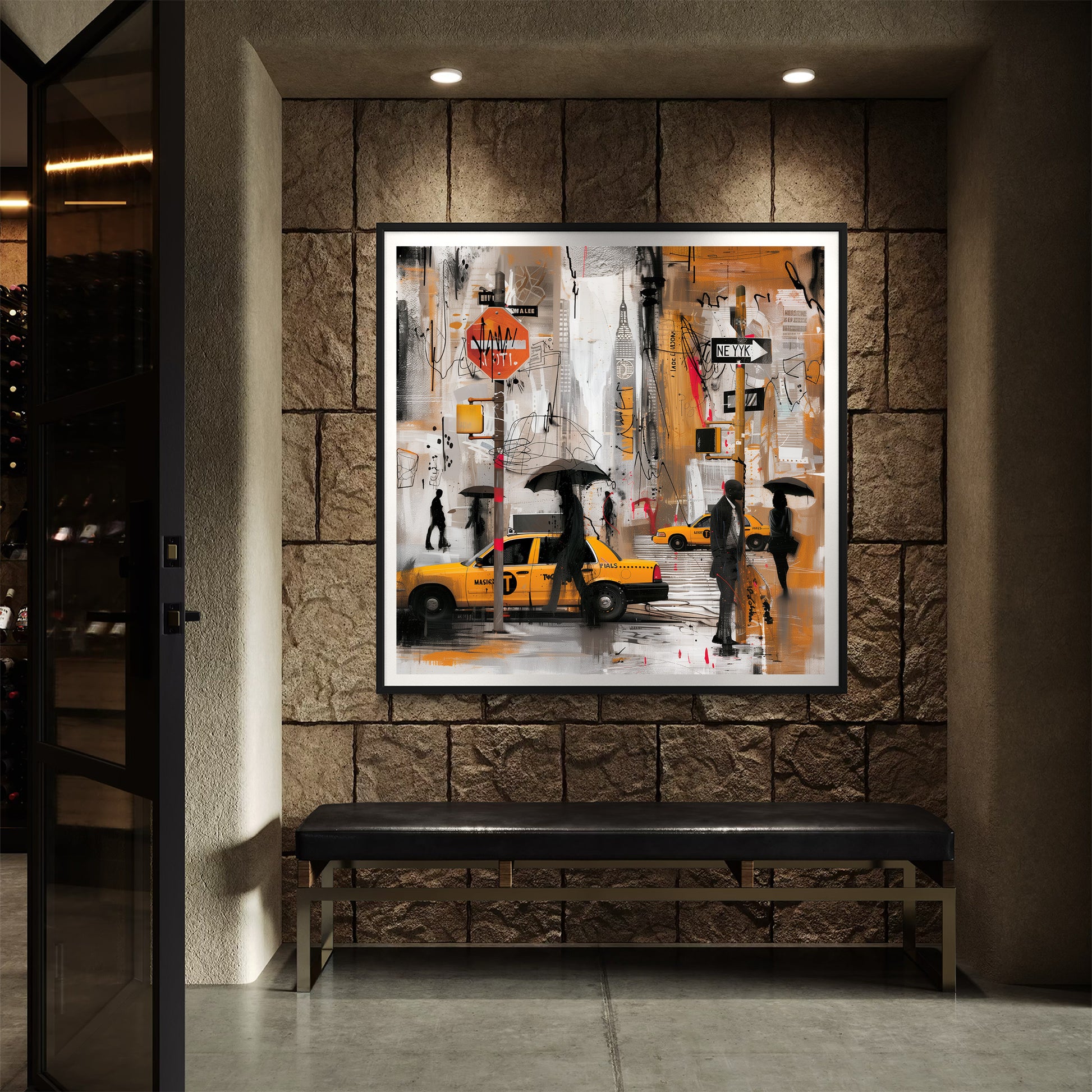 Walking in the Rain in Harlem Art Print featuring African American figures walking under umbrellas on Harlem streets with glowing yellow cabs and moonlight. Afrocentric abstract cityscape wall art celebrating Harlem life and culture.