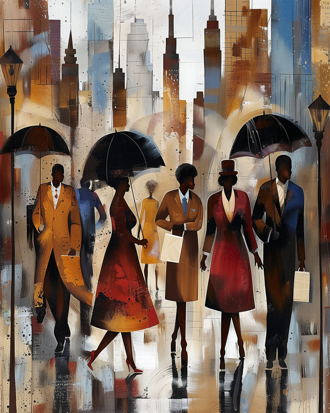 Afrocentric New York City Rainy Day Art Print featuring abstract figures walking under umbrellas during rush hour, with reflections on wet streets and NYC skyline in the background. Modern urban wall art inspired by Harlem street life and cultural expression.
