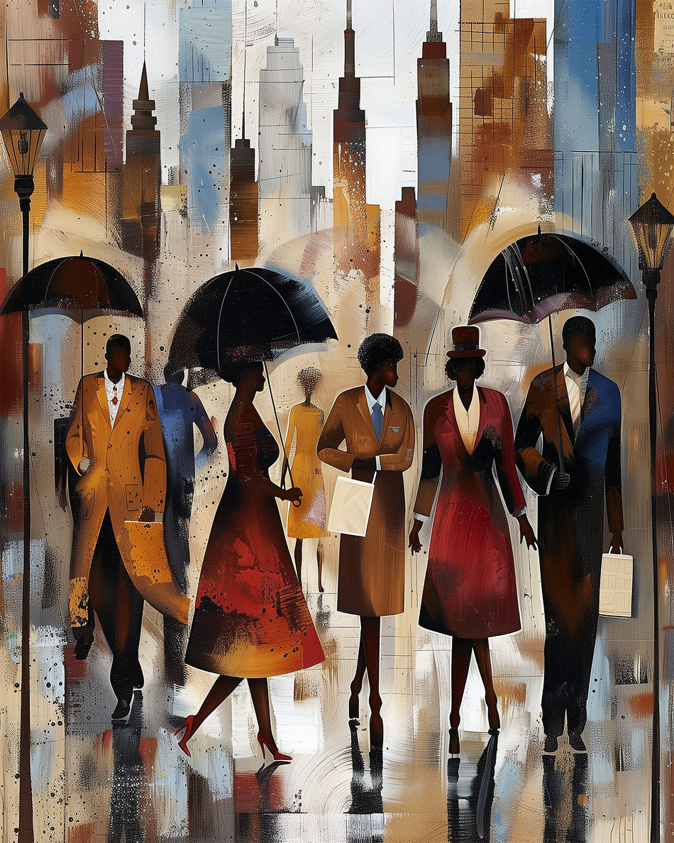 Afrocentric New York City Rainy Day Art Print featuring abstract figures walking under umbrellas during rush hour, with reflections on wet streets and NYC skyline in the background. Modern urban wall art inspired by Harlem street life and cultural expression.