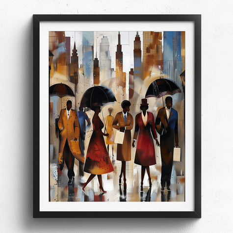 Afrocentric New York City Rainy Day Art Print featuring abstract figures walking under umbrellas during rush hour, with reflections on wet streets and NYC skyline in the background. Modern urban wall art inspired by Harlem street life and cultural expression.