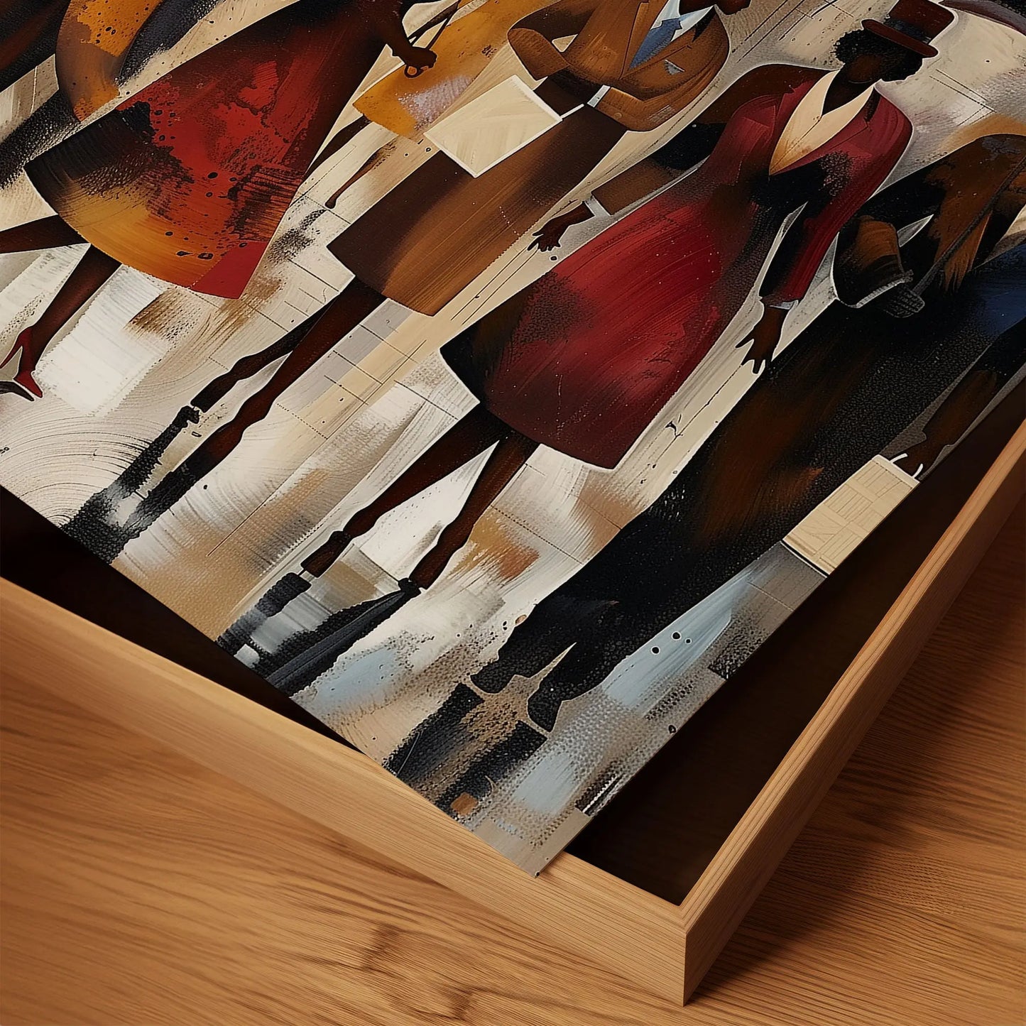 Afrocentric New York City Rainy Day Art Print featuring abstract figures walking under umbrellas during rush hour, with reflections on wet streets and NYC skyline in the background. Modern urban wall art inspired by Harlem street life and cultural expression.
