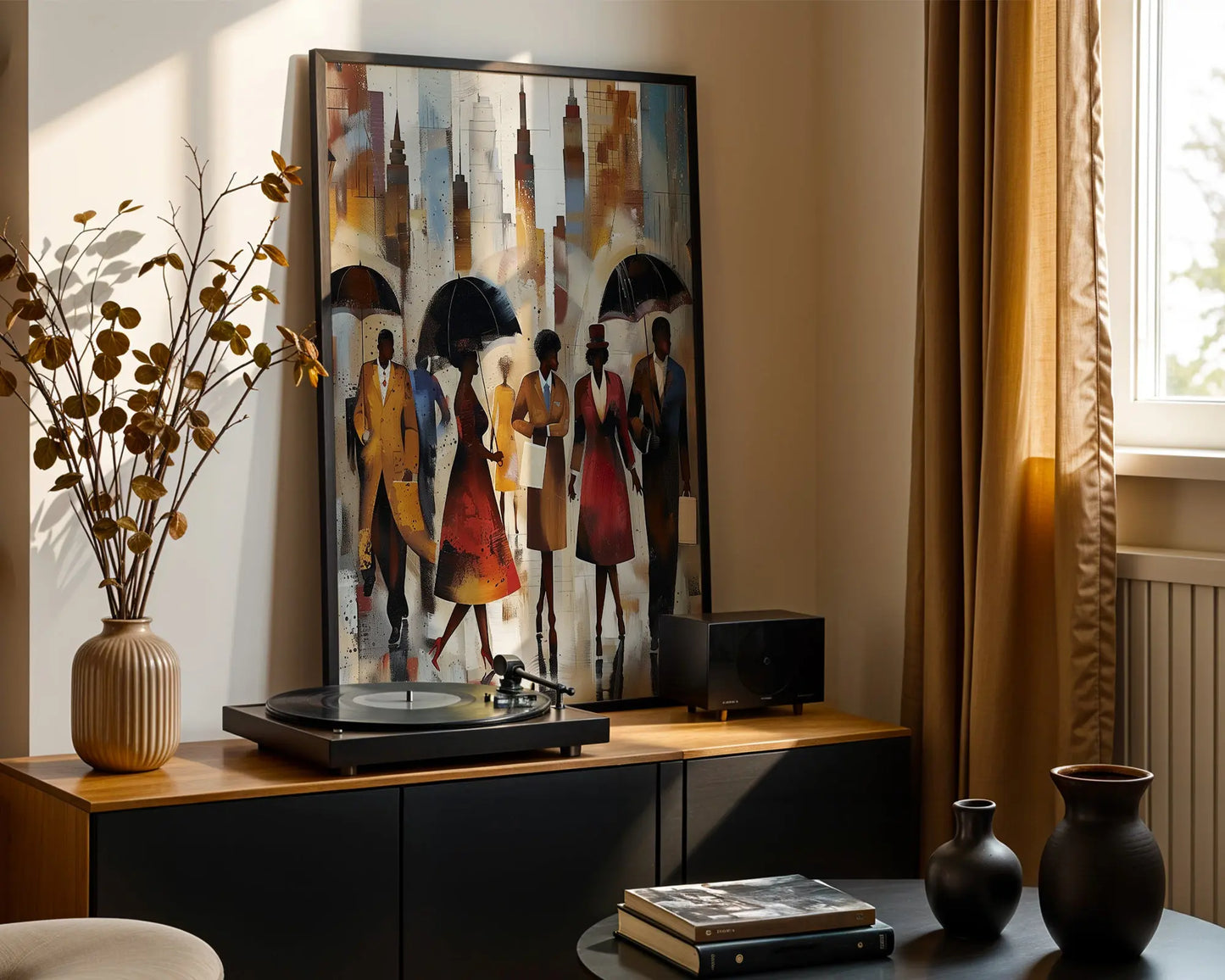 Afrocentric New York City Rainy Day Art Print featuring abstract figures walking under umbrellas during rush hour, with reflections on wet streets and NYC skyline in the background. Modern urban wall art inspired by Harlem street life and cultural expression.