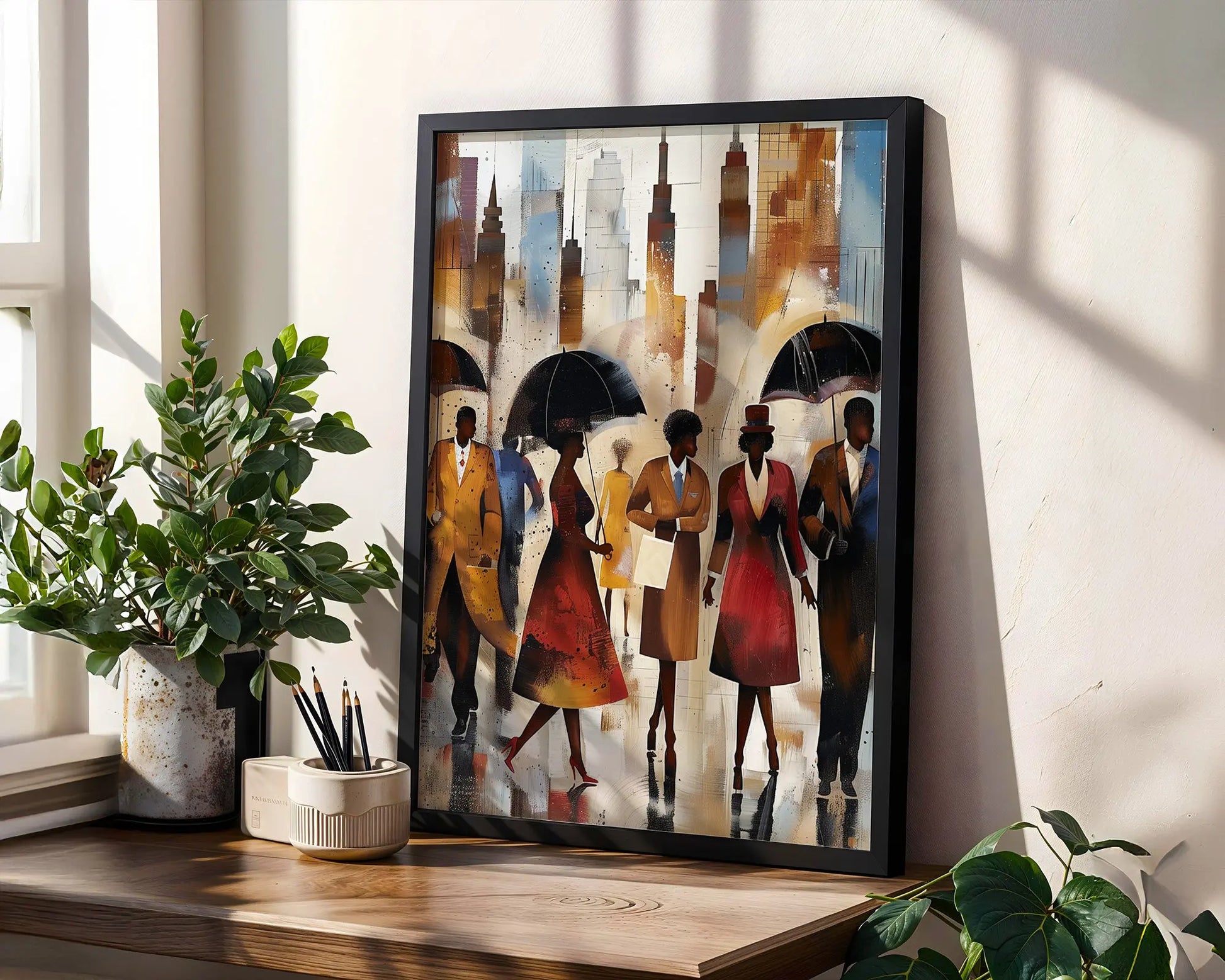 Afrocentric New York City Rainy Day Art Print featuring abstract figures walking under umbrellas during rush hour, with reflections on wet streets and NYC skyline in the background. Modern urban wall art inspired by Harlem street life and cultural expression.