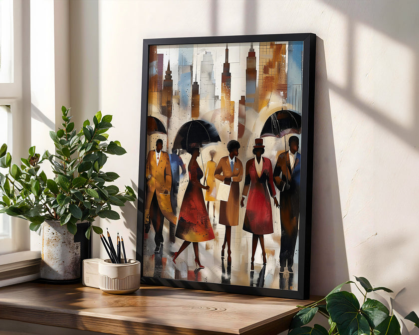Afrocentric New York City Rainy Day Art Print featuring abstract figures walking under umbrellas during rush hour, with reflections on wet streets and NYC skyline in the background. Modern urban wall art inspired by Harlem street life and cultural expression.