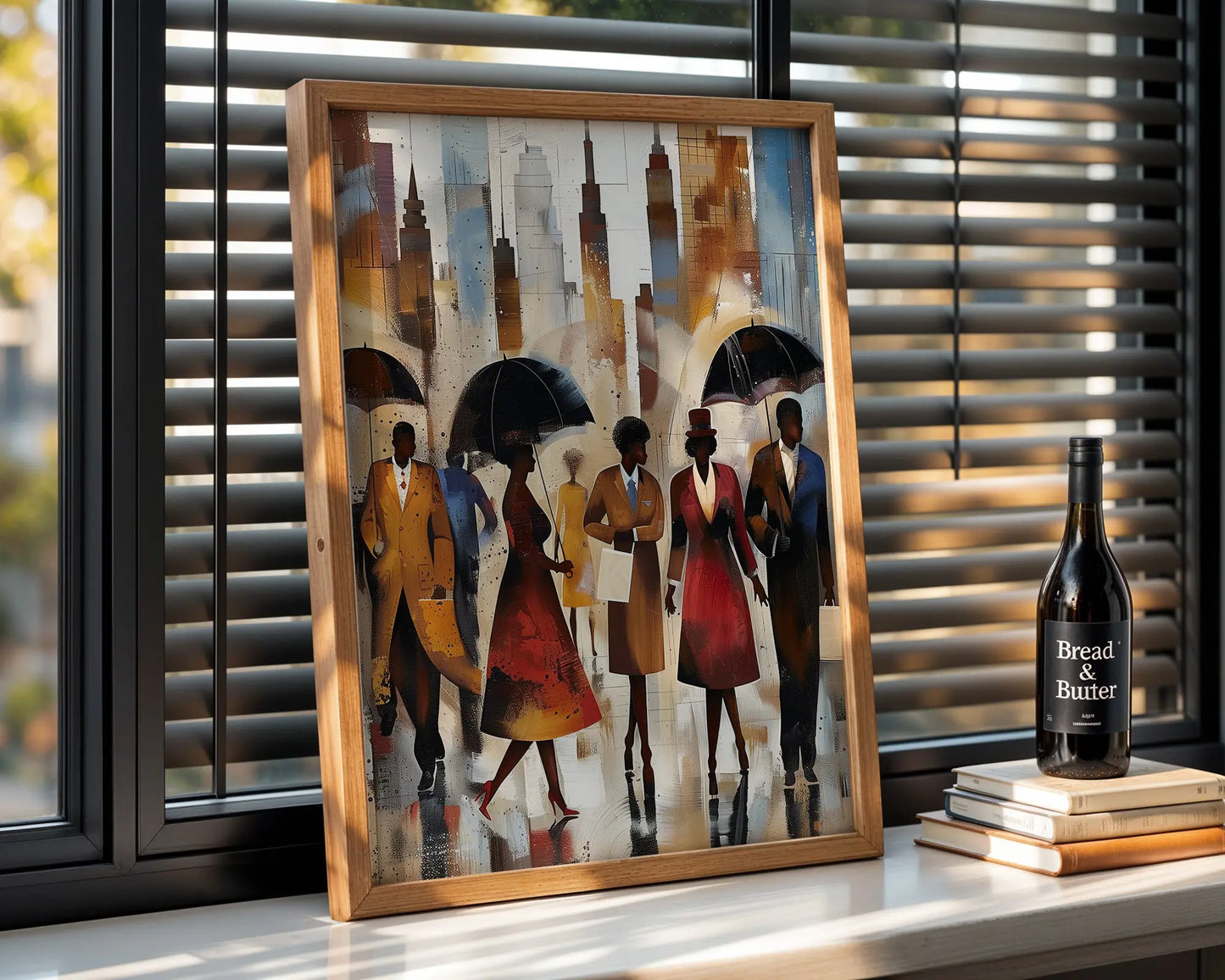 Afrocentric New York City Rainy Day Art Print featuring abstract figures walking under umbrellas during rush hour, with reflections on wet streets and NYC skyline in the background. Modern urban wall art inspired by Harlem street life and cultural expression.