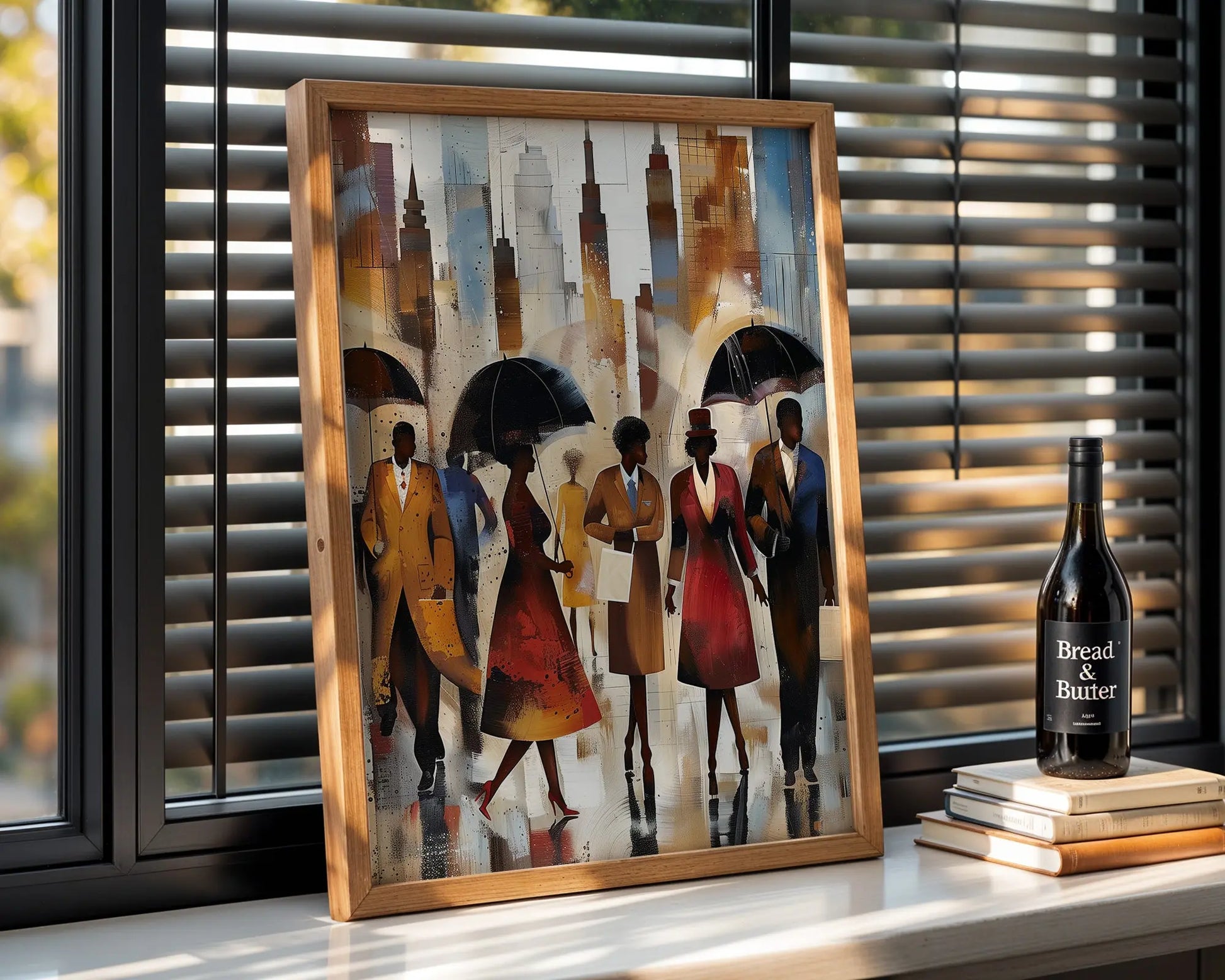 Afrocentric New York City Rainy Day Art Print featuring abstract figures walking under umbrellas during rush hour, with reflections on wet streets and NYC skyline in the background. Modern urban wall art inspired by Harlem street life and cultural expression.
