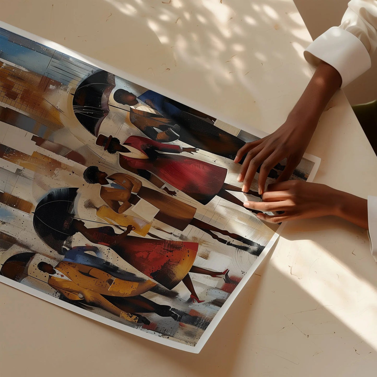 Afrocentric New York City Rainy Day Art Print featuring abstract figures walking under umbrellas during rush hour, with reflections on wet streets and NYC skyline in the background. Modern urban wall art inspired by Harlem street life and cultural expression.