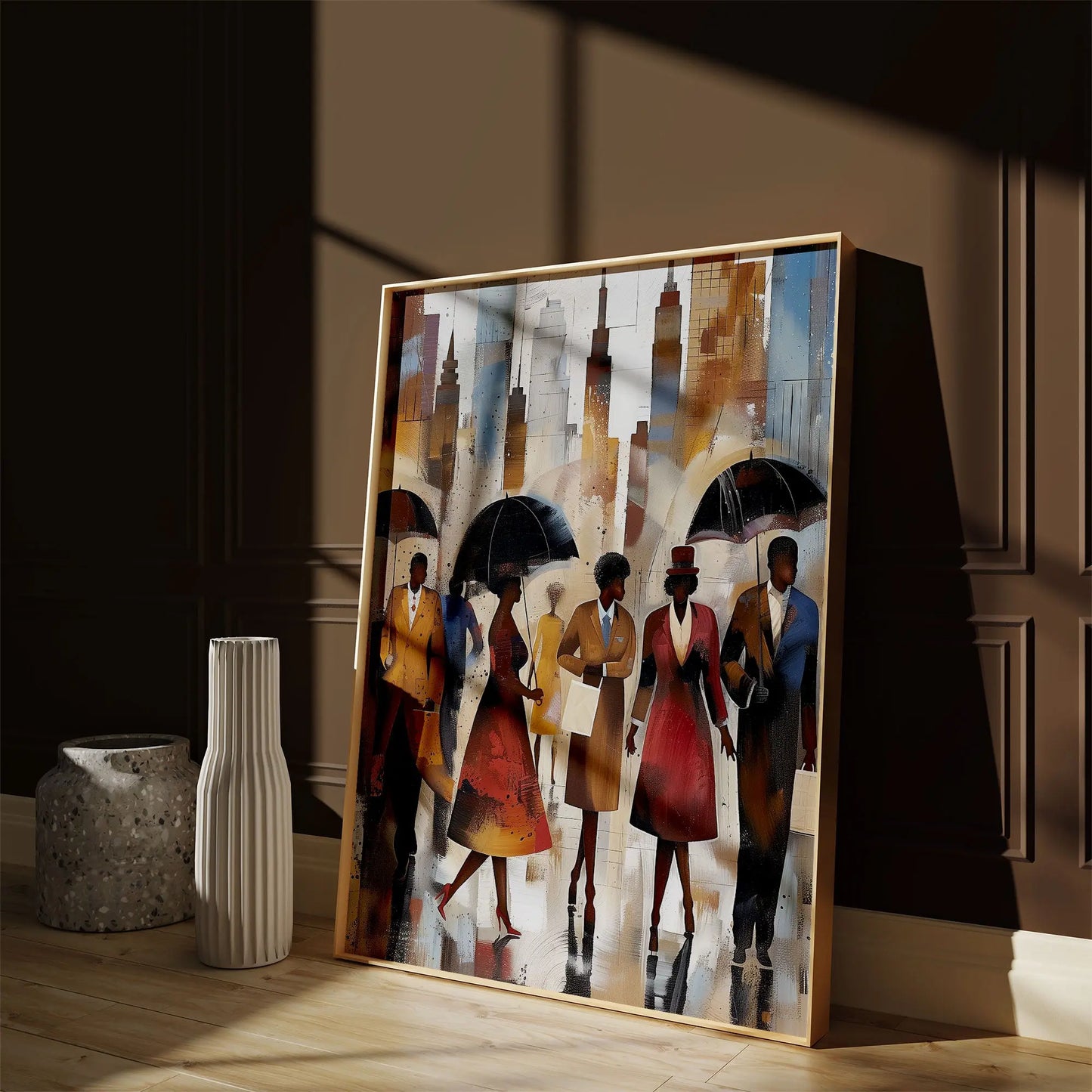 Afrocentric New York City Rainy Day Art Print featuring abstract figures walking under umbrellas during rush hour, with reflections on wet streets and NYC skyline in the background. Modern urban wall art inspired by Harlem street life and cultural expression.