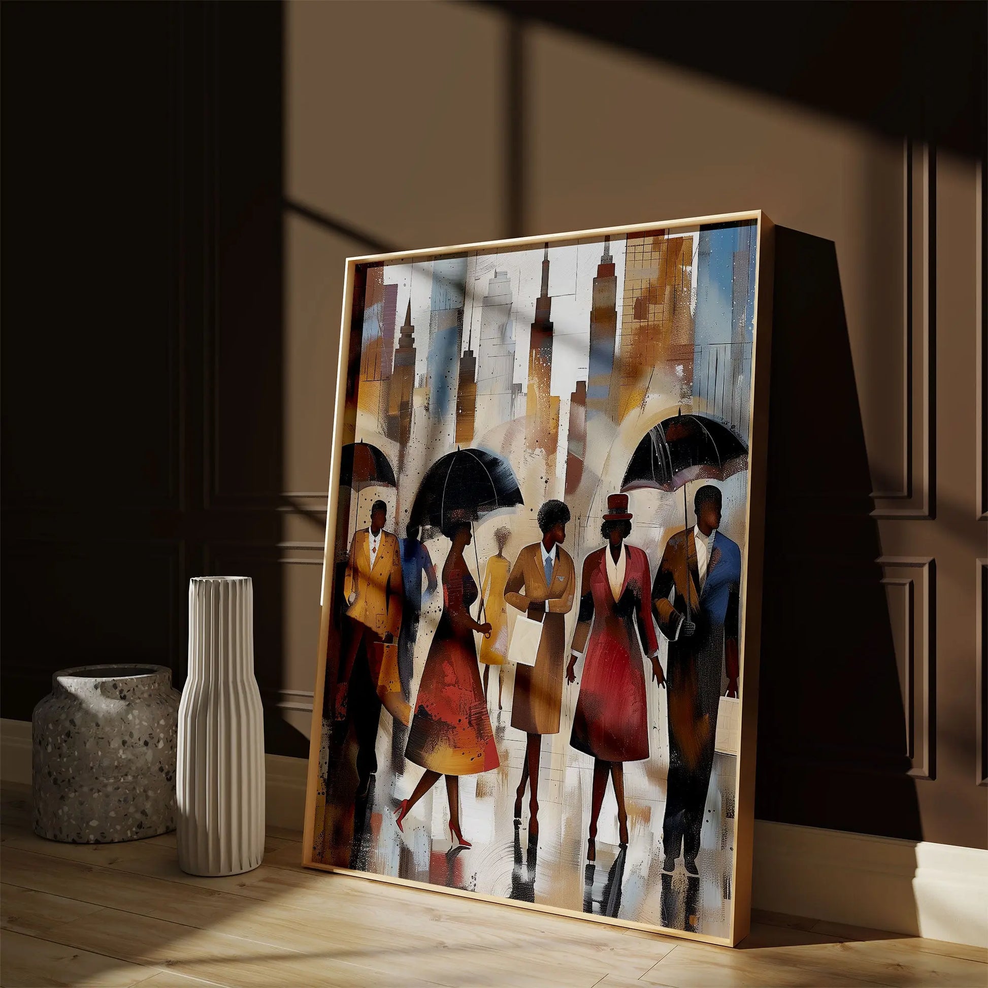 Afrocentric New York City Rainy Day Art Print featuring abstract figures walking under umbrellas during rush hour, with reflections on wet streets and NYC skyline in the background. Modern urban wall art inspired by Harlem street life and cultural expression.