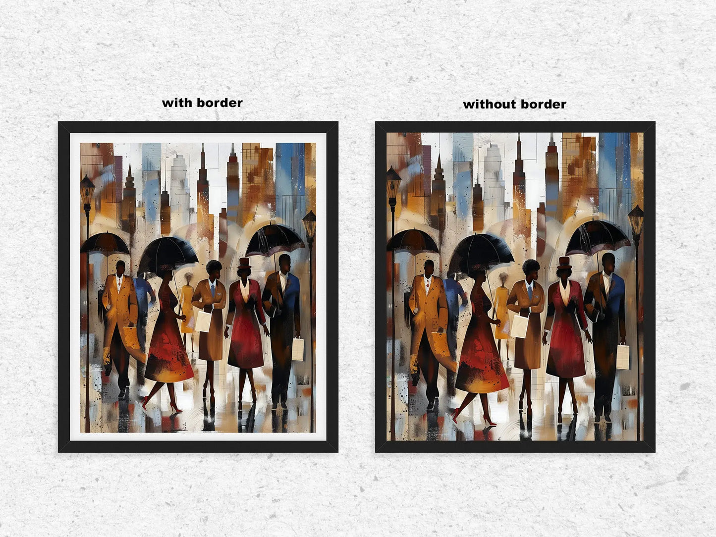 Afrocentric New York City Rainy Day Art Print featuring abstract figures walking under umbrellas during rush hour, with reflections on wet streets and NYC skyline in the background. Modern urban wall art inspired by Harlem street life and cultural expression.