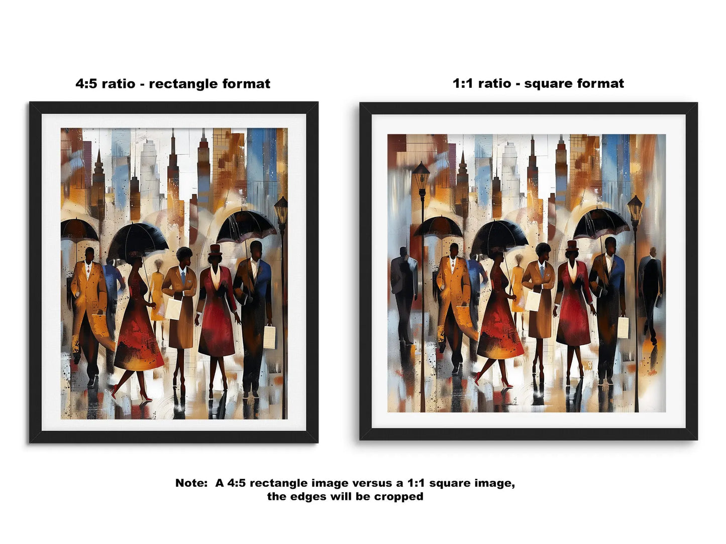 Afrocentric New York City Rainy Day Art Print featuring abstract figures walking under umbrellas during rush hour, with reflections on wet streets and NYC skyline in the background. Modern urban wall art inspired by Harlem street life and cultural expression.