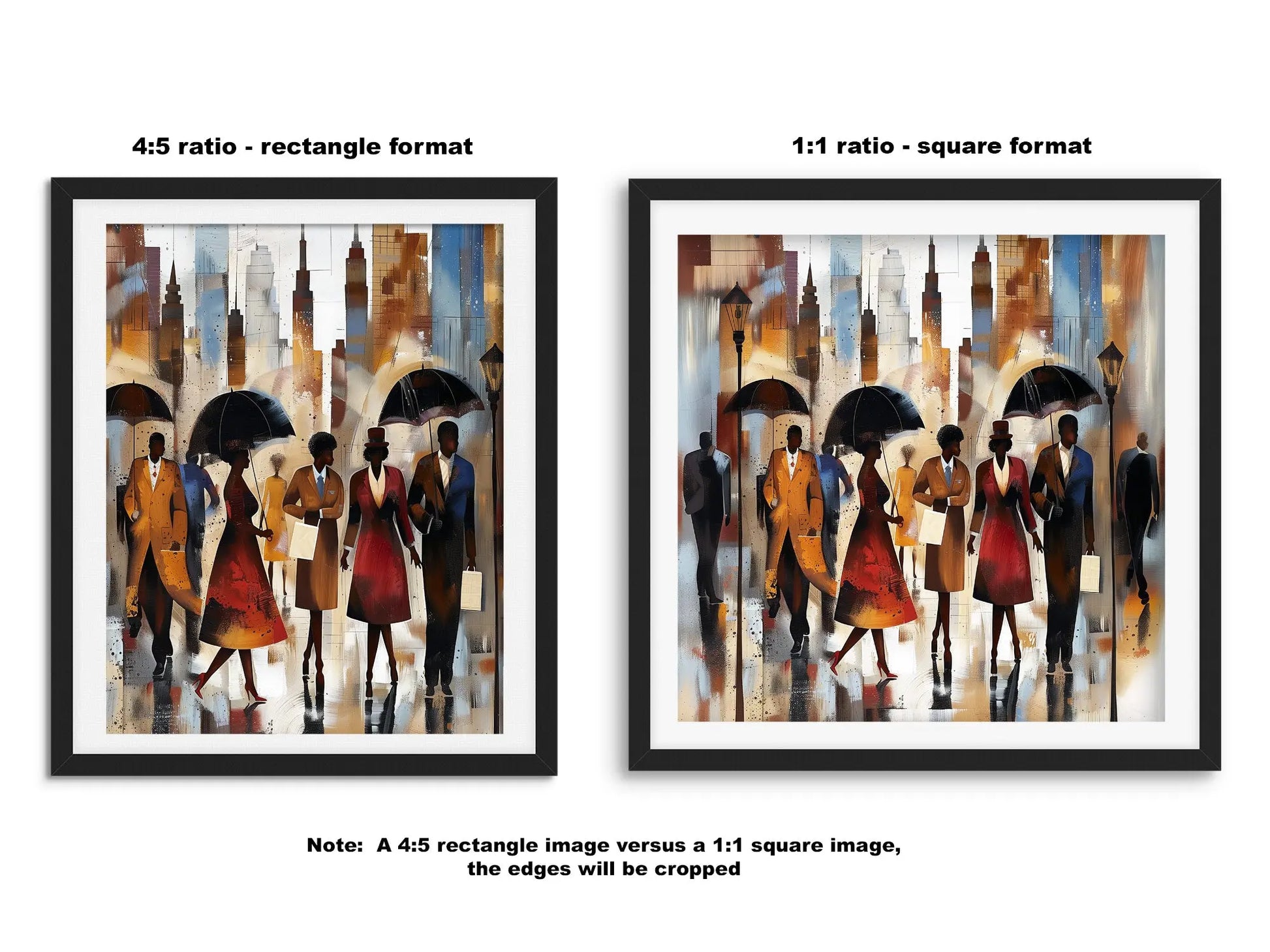 Afrocentric New York City Rainy Day Art Print featuring abstract figures walking under umbrellas during rush hour, with reflections on wet streets and NYC skyline in the background. Modern urban wall art inspired by Harlem street life and cultural expression.