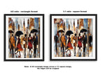 Afrocentric New York City Rainy Day Art Print featuring abstract figures walking under umbrellas during rush hour, with reflections on wet streets and NYC skyline in the background. Modern urban wall art inspired by Harlem street life and cultural expression.