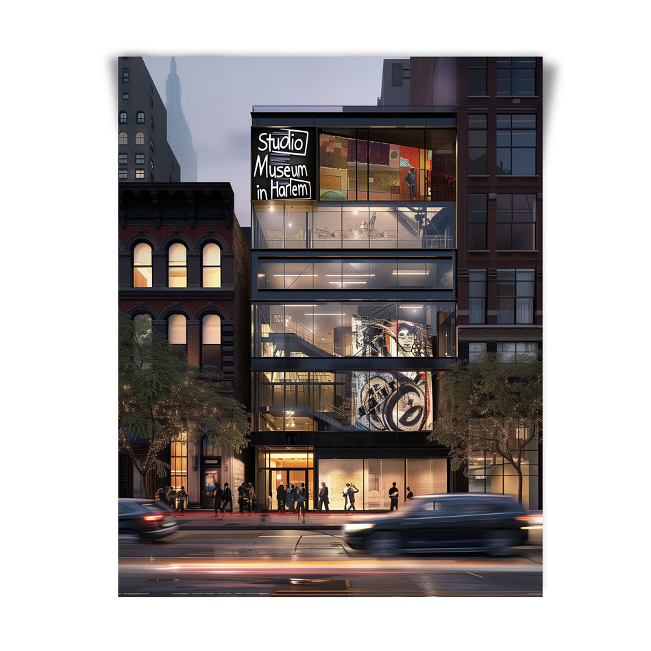Abstract digital art print of the Studio Museum in Harlem front facade featuring modern architecture, Harlem street life, and cultural energy, representing the spirit of Harlem in an Afrocentric art print.