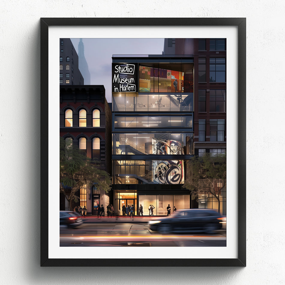 Abstract digital art print of the Studio Museum in Harlem front facade featuring modern architecture, Harlem street life, and cultural energy, representing the spirit of Harlem in an Afrocentric art print.