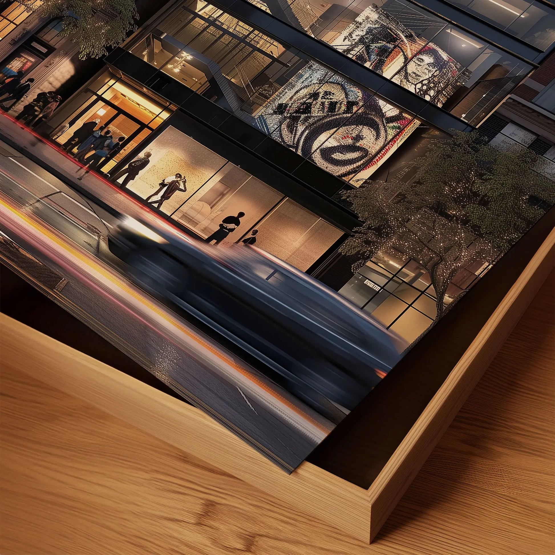 Abstract digital art print of the Studio Museum in Harlem front facade featuring modern architecture, Harlem street life, and cultural energy, representing the spirit of Harlem in an Afrocentric art print.