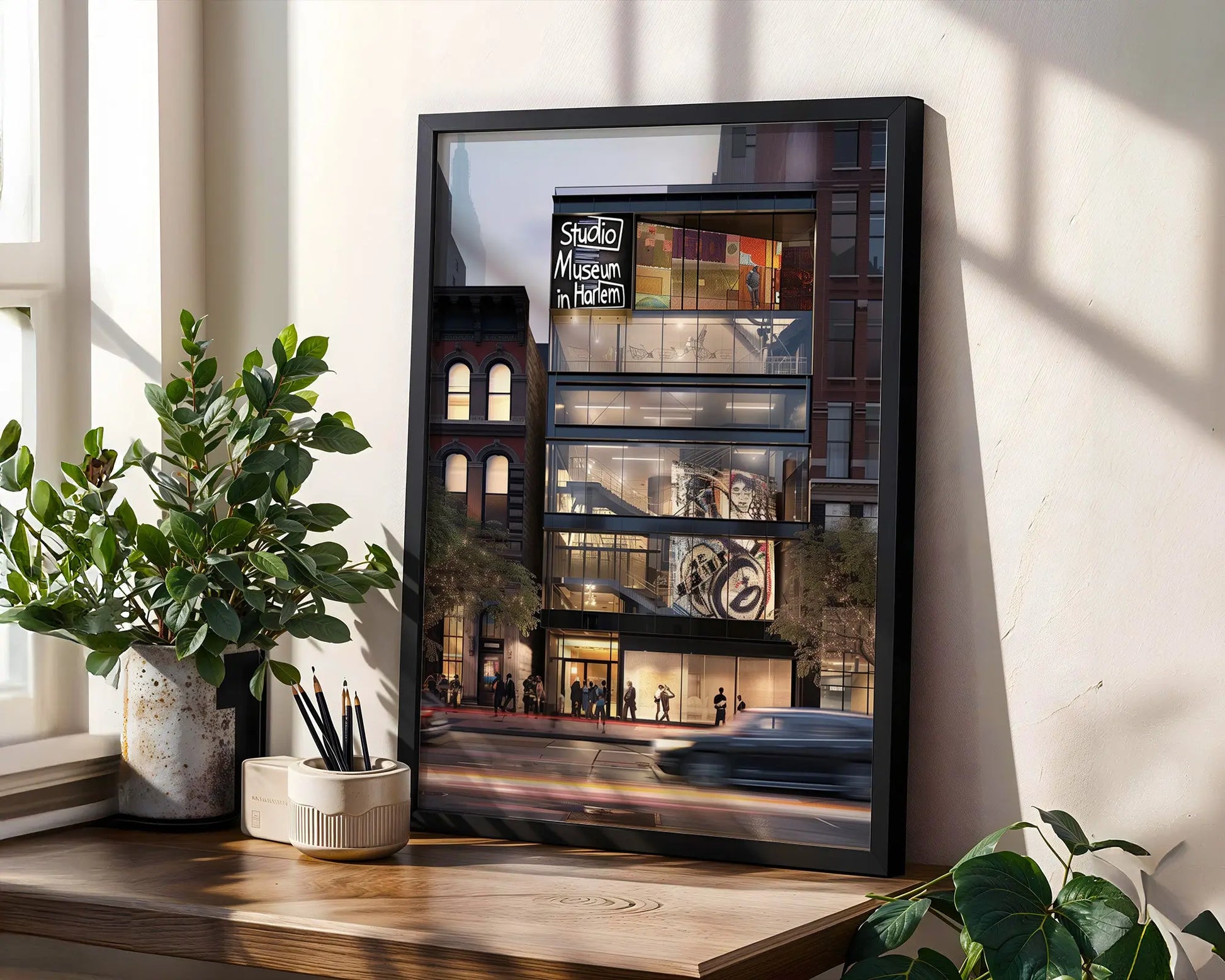 Abstract digital art print of the Studio Museum in Harlem front facade featuring modern architecture, Harlem street life, and cultural energy, representing the spirit of Harlem in an Afrocentric art print.