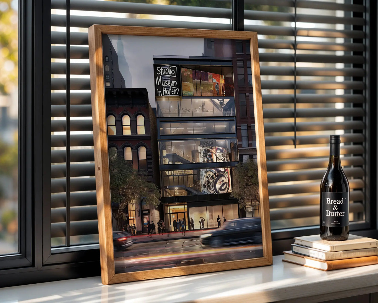 Abstract digital art print of the Studio Museum in Harlem front facade featuring modern architecture, Harlem street life, and cultural energy, representing the spirit of Harlem in an Afrocentric art print.