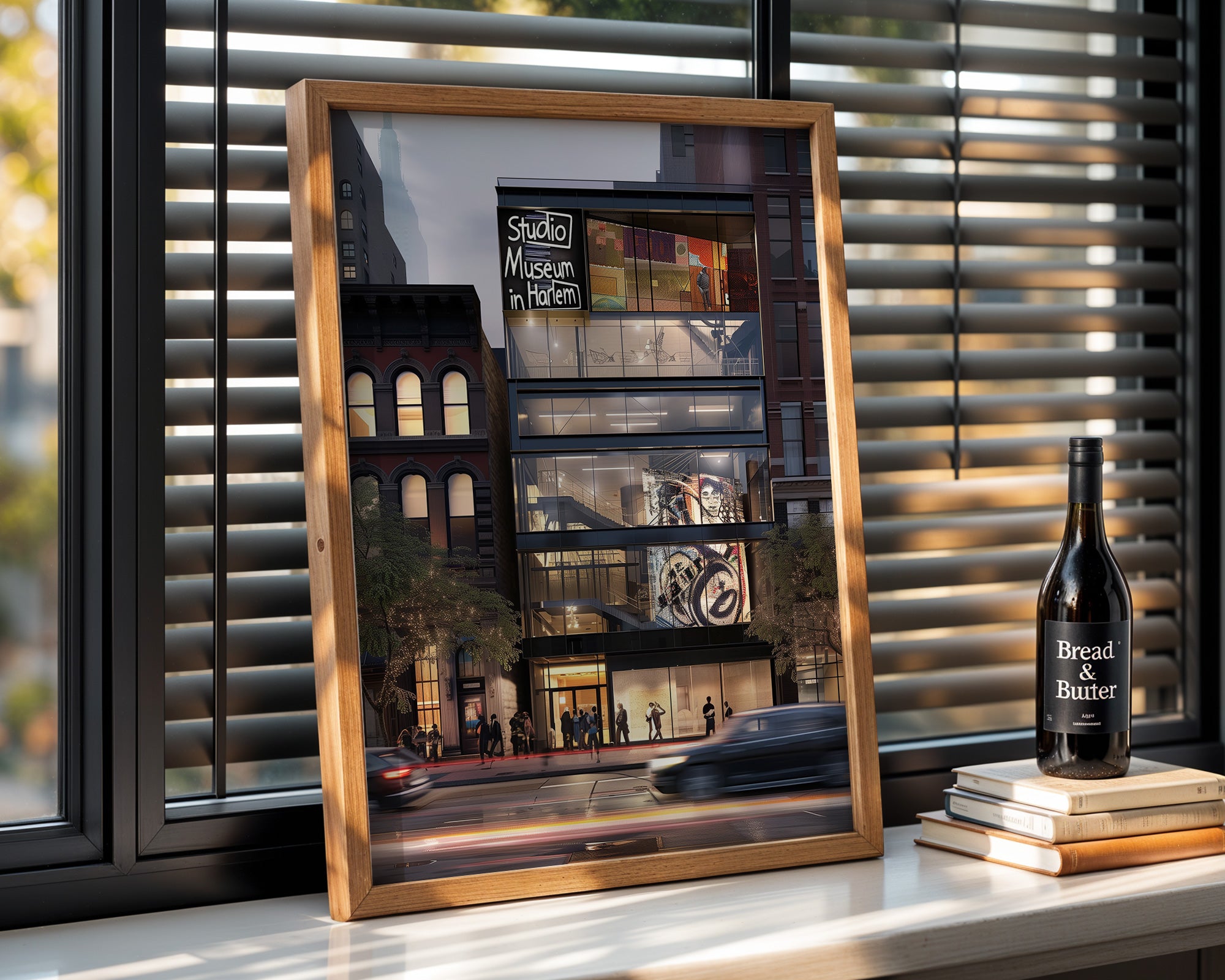 Abstract digital art print of the Studio Museum in Harlem front facade featuring modern architecture, Harlem street life, and cultural energy, representing the spirit of Harlem in an Afrocentric art print.