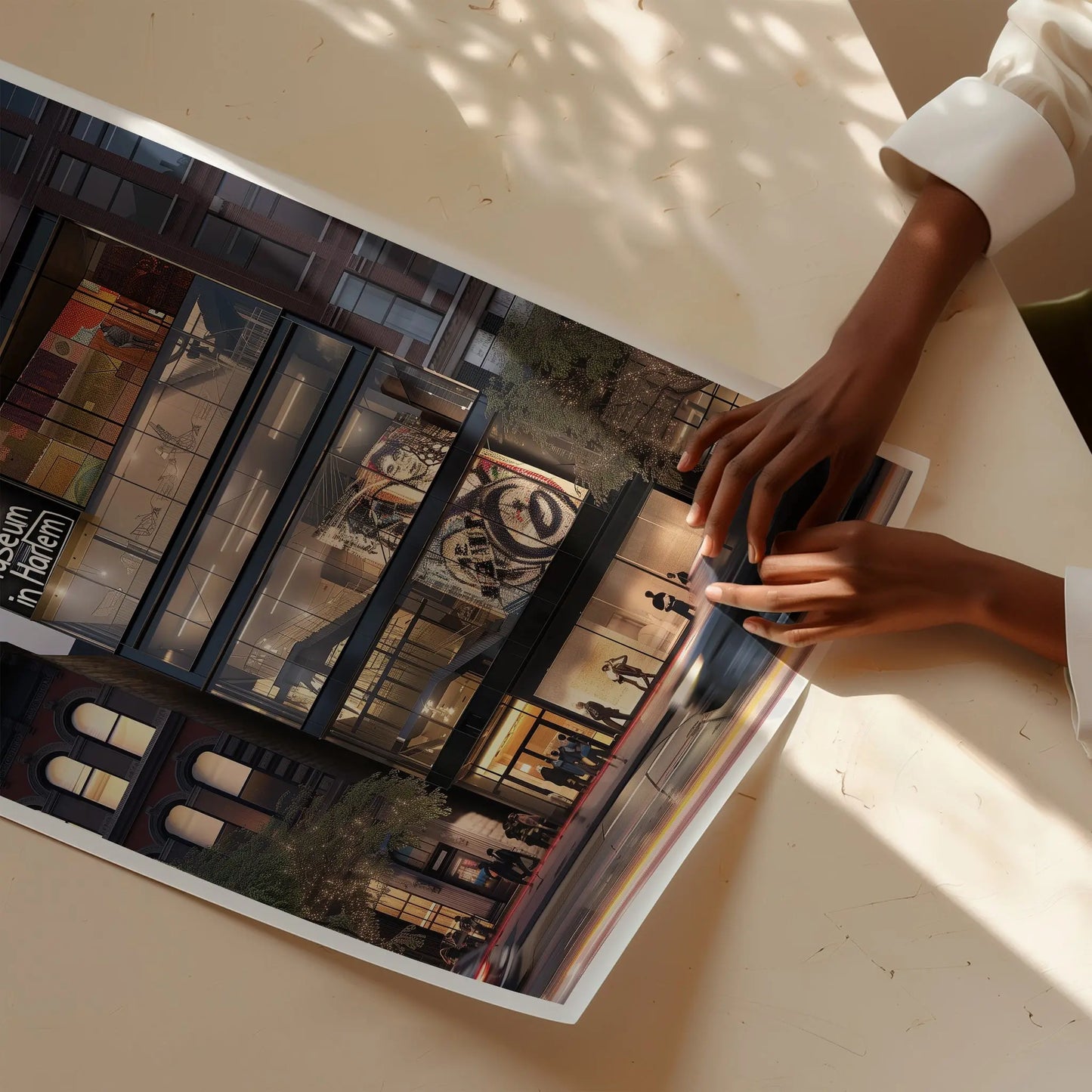 Abstract digital art print of the Studio Museum in Harlem front facade featuring modern architecture, Harlem street life, and cultural energy, representing the spirit of Harlem in an Afrocentric art print.