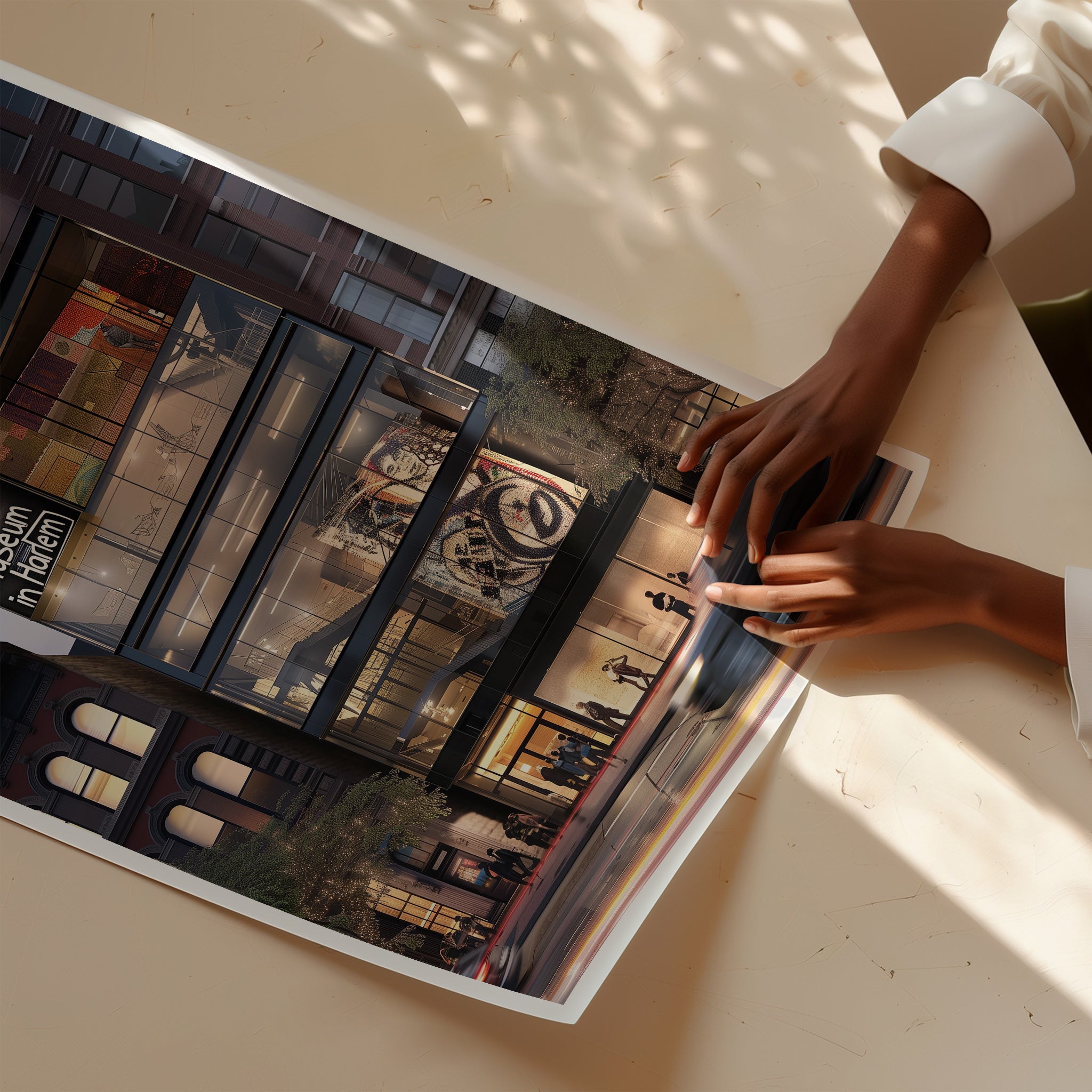 Abstract digital art print of the Studio Museum in Harlem front facade featuring modern architecture, Harlem street life, and cultural energy, representing the spirit of Harlem in an Afrocentric art print.