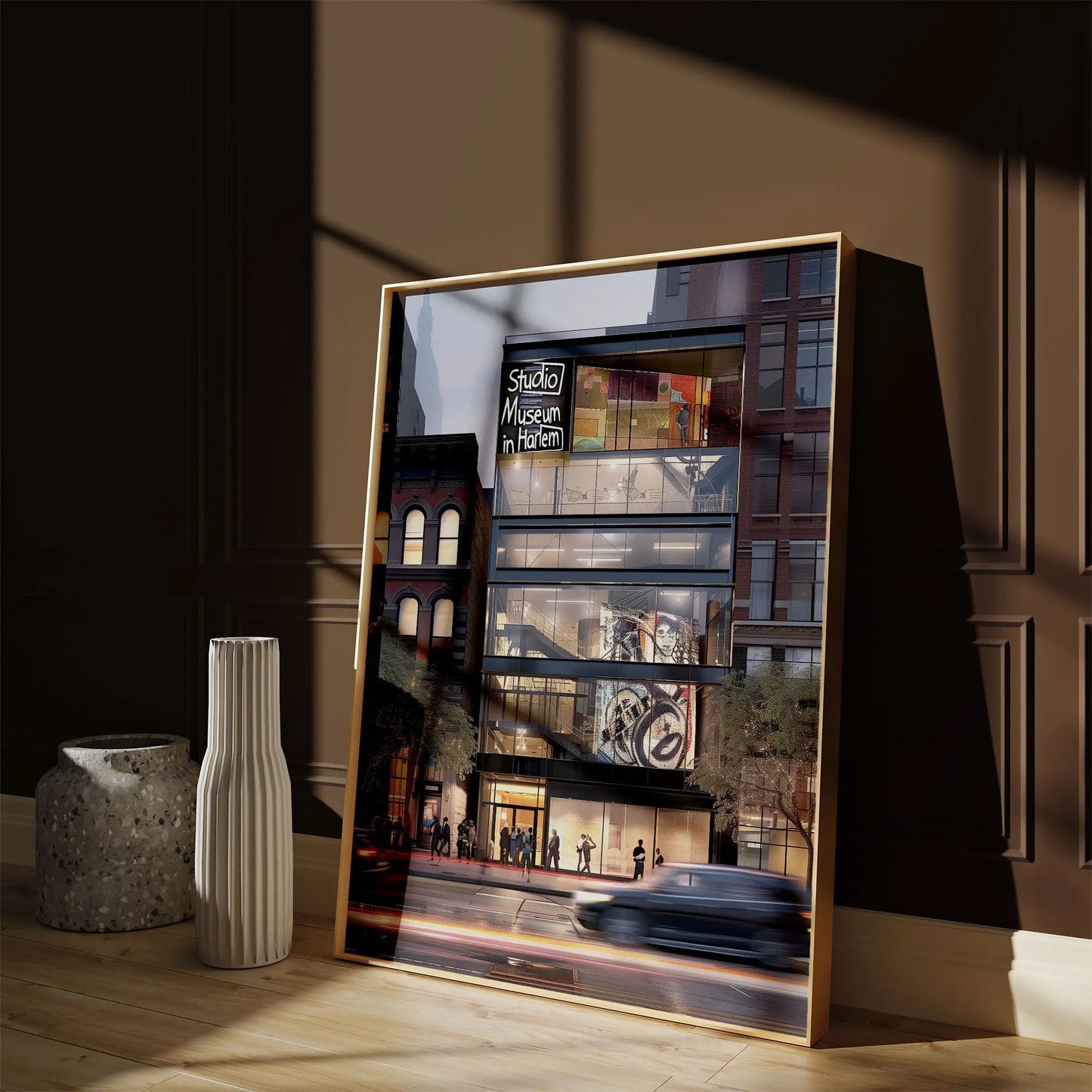 Abstract digital art print of the Studio Museum in Harlem front facade featuring modern architecture, Harlem street life, and cultural energy, representing the spirit of Harlem in an Afrocentric art print.