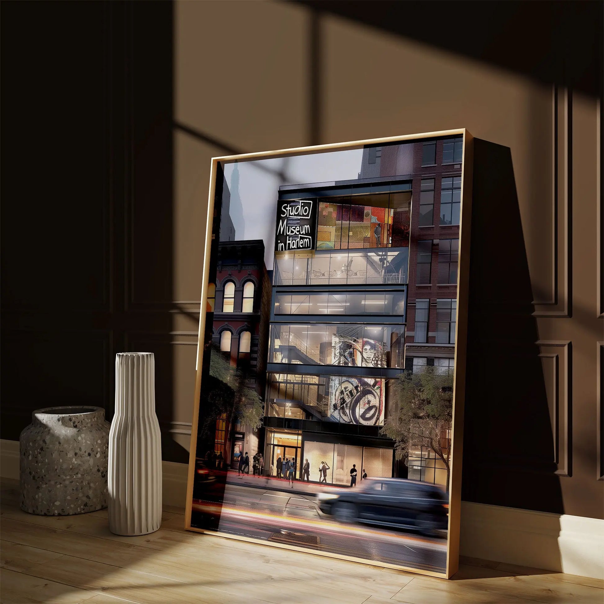 Abstract digital art print of the Studio Museum in Harlem front facade featuring modern architecture, Harlem street life, and cultural energy, representing the spirit of Harlem in an Afrocentric art print.