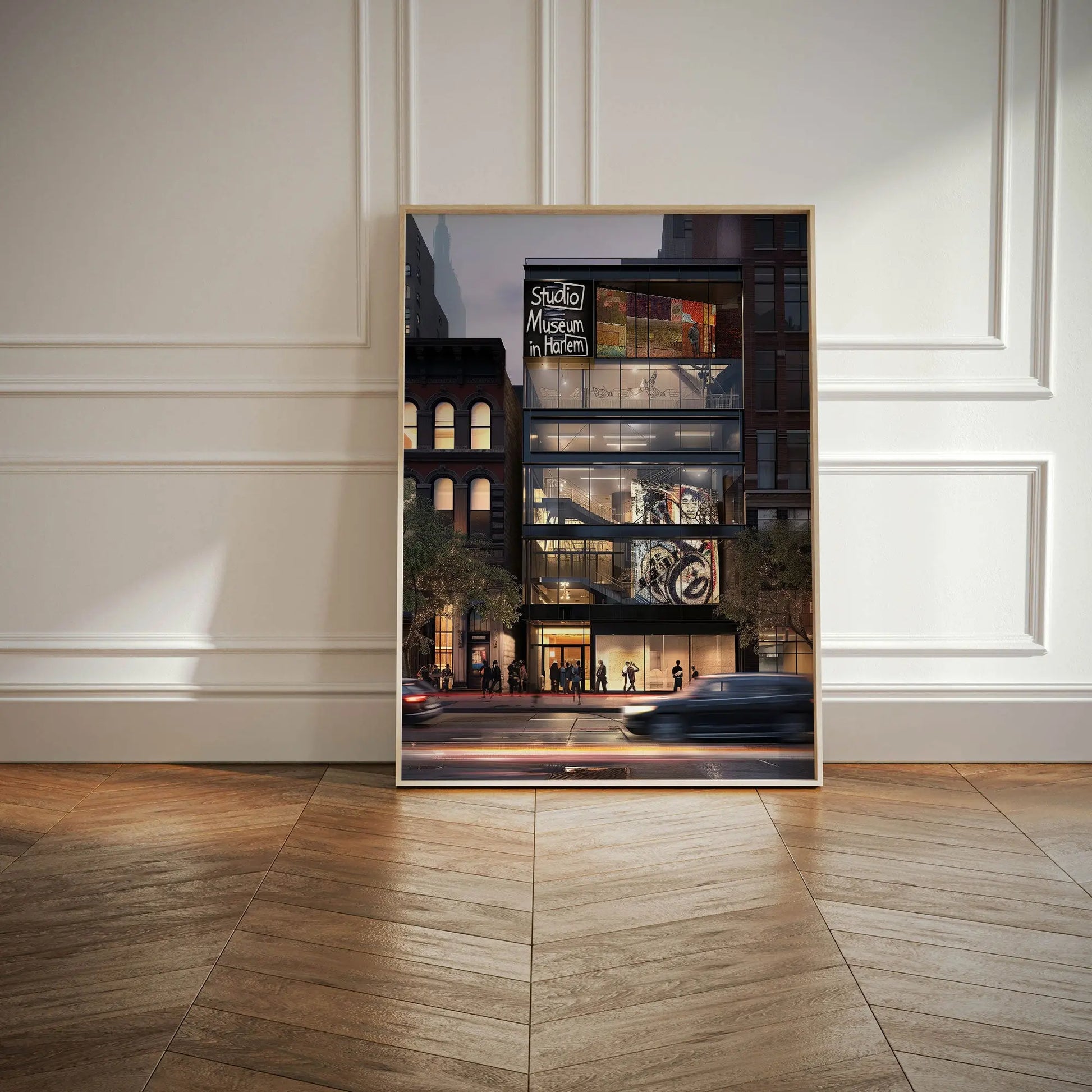 Abstract digital art print of the Studio Museum in Harlem front facade featuring modern architecture, Harlem street life, and cultural energy, representing the spirit of Harlem in an Afrocentric art print.