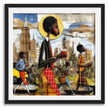 Abstract Afrocentric wall art print showing Black professionals walking in Manhattan morning rush hour with coffee cups and plants, dynamic elongated figures, city skyline, taxis, and street signs in warm tones.