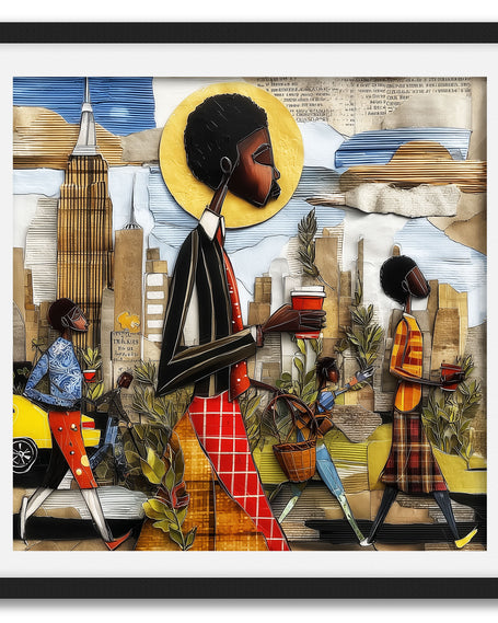Abstract Afrocentric wall art print showing Black professionals walking in Manhattan morning rush hour with coffee cups and plants, dynamic elongated figures, city skyline, taxis, and street signs in warm tones.