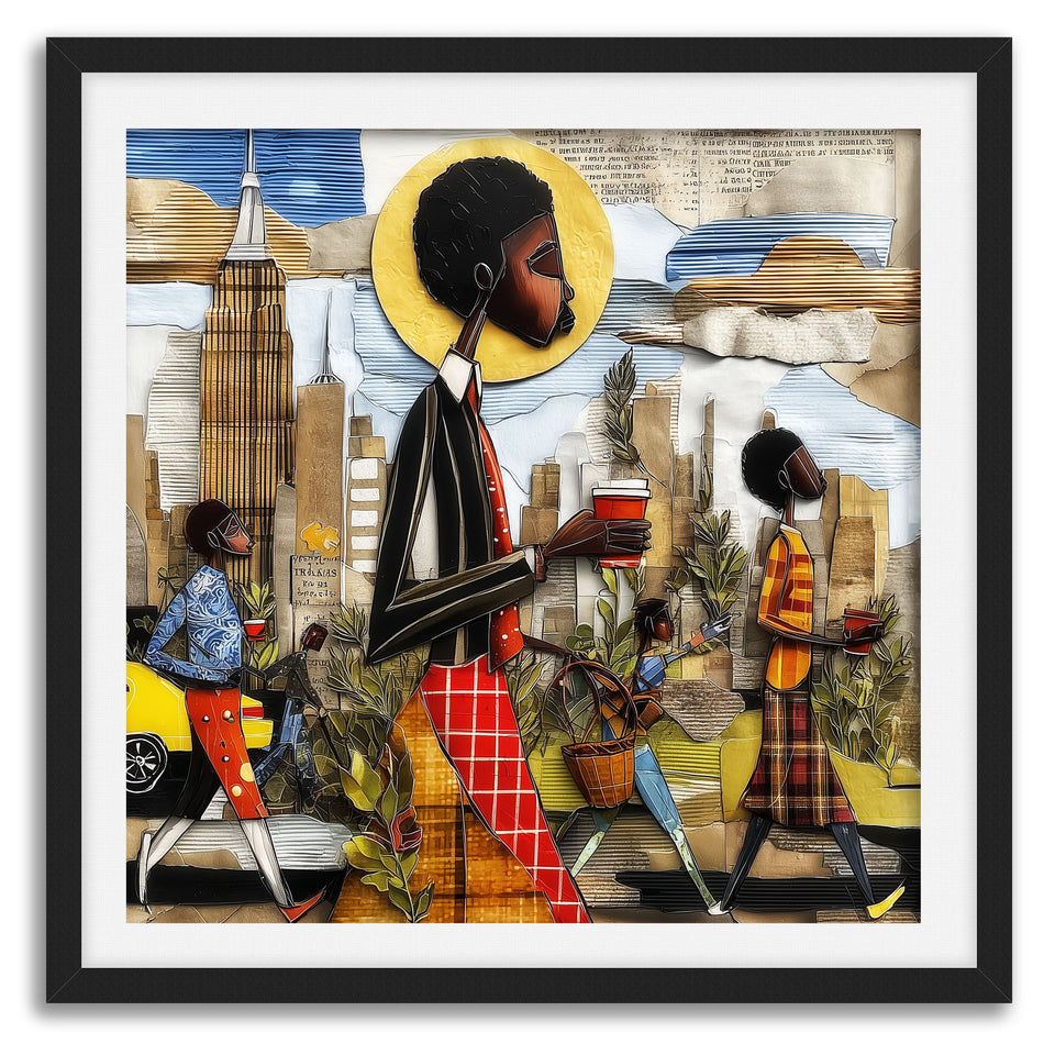 Abstract Afrocentric wall art print showing Black professionals walking in Manhattan morning rush hour with coffee cups and plants, dynamic elongated figures, city skyline, taxis, and street signs in warm tones.