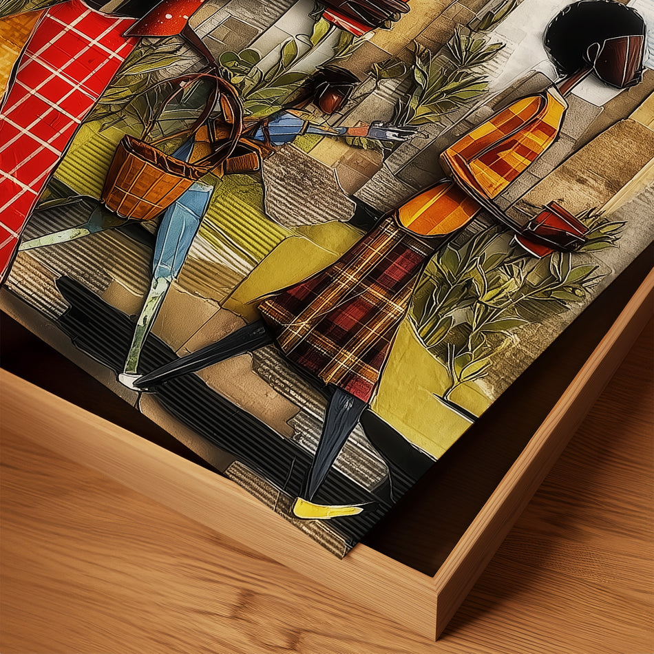 Abstract Afrocentric wall art print showing Black professionals walking in Manhattan morning rush hour with coffee cups and plants, dynamic elongated figures, city skyline, taxis, and street signs in warm tones.