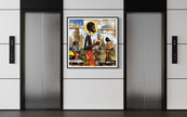 Abstract Afrocentric wall art print showing Black professionals walking in Manhattan morning rush hour with coffee cups and plants, dynamic elongated figures, city skyline, taxis, and street signs in warm tones.