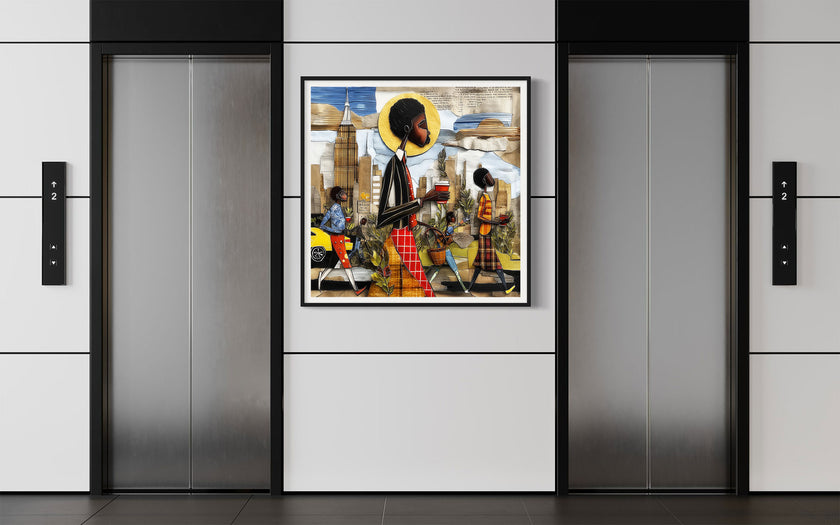 Abstract Afrocentric wall art print showing Black professionals walking in Manhattan morning rush hour with coffee cups and plants, dynamic elongated figures, city skyline, taxis, and street signs in warm tones.