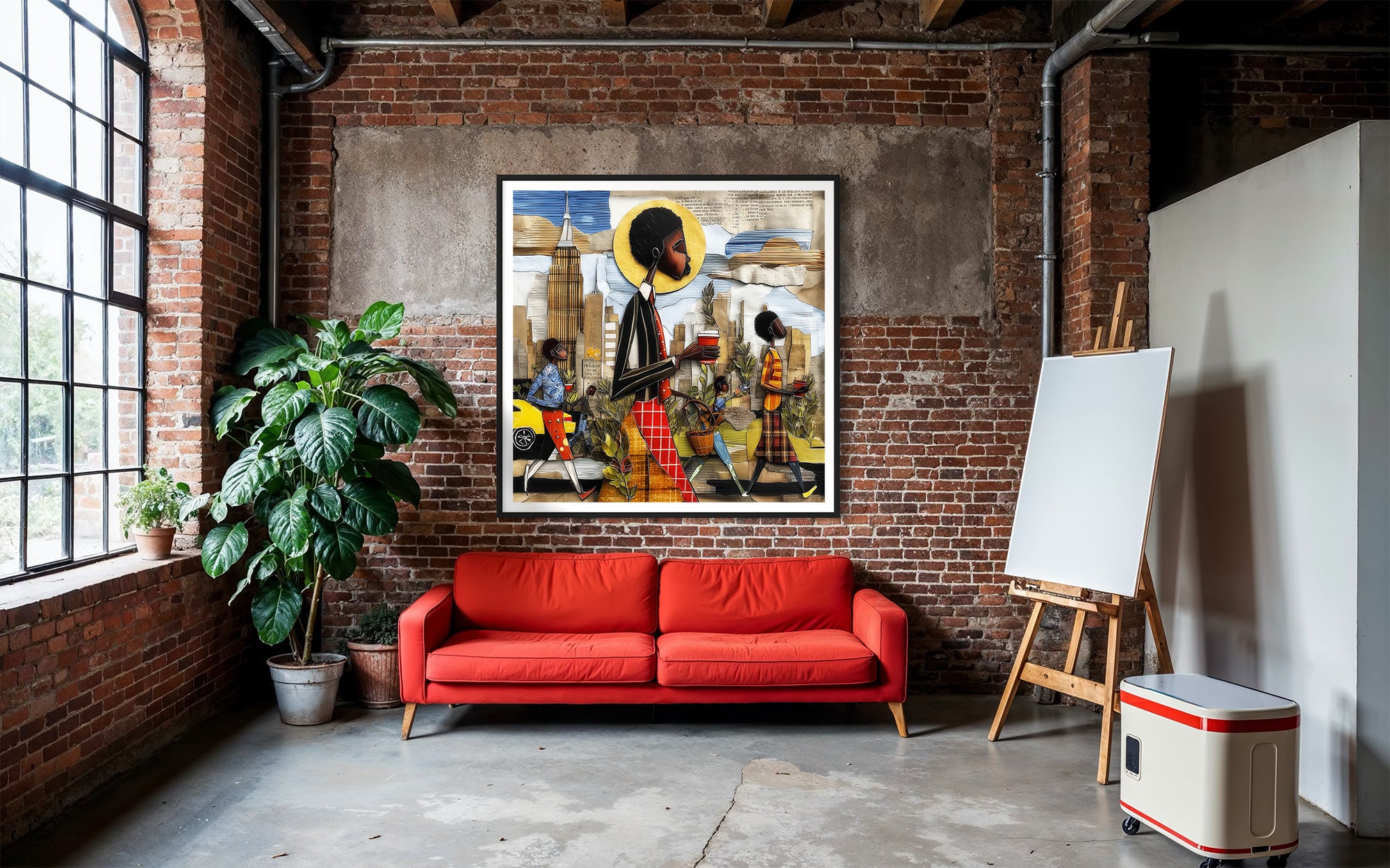 Abstract Afrocentric wall art print showing Black professionals walking in Manhattan morning rush hour with coffee cups and plants, dynamic elongated figures, city skyline, taxis, and street signs in warm tones.