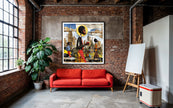 Abstract Afrocentric wall art print showing Black professionals walking in Manhattan morning rush hour with coffee cups and plants, dynamic elongated figures, city skyline, taxis, and street signs in warm tones.