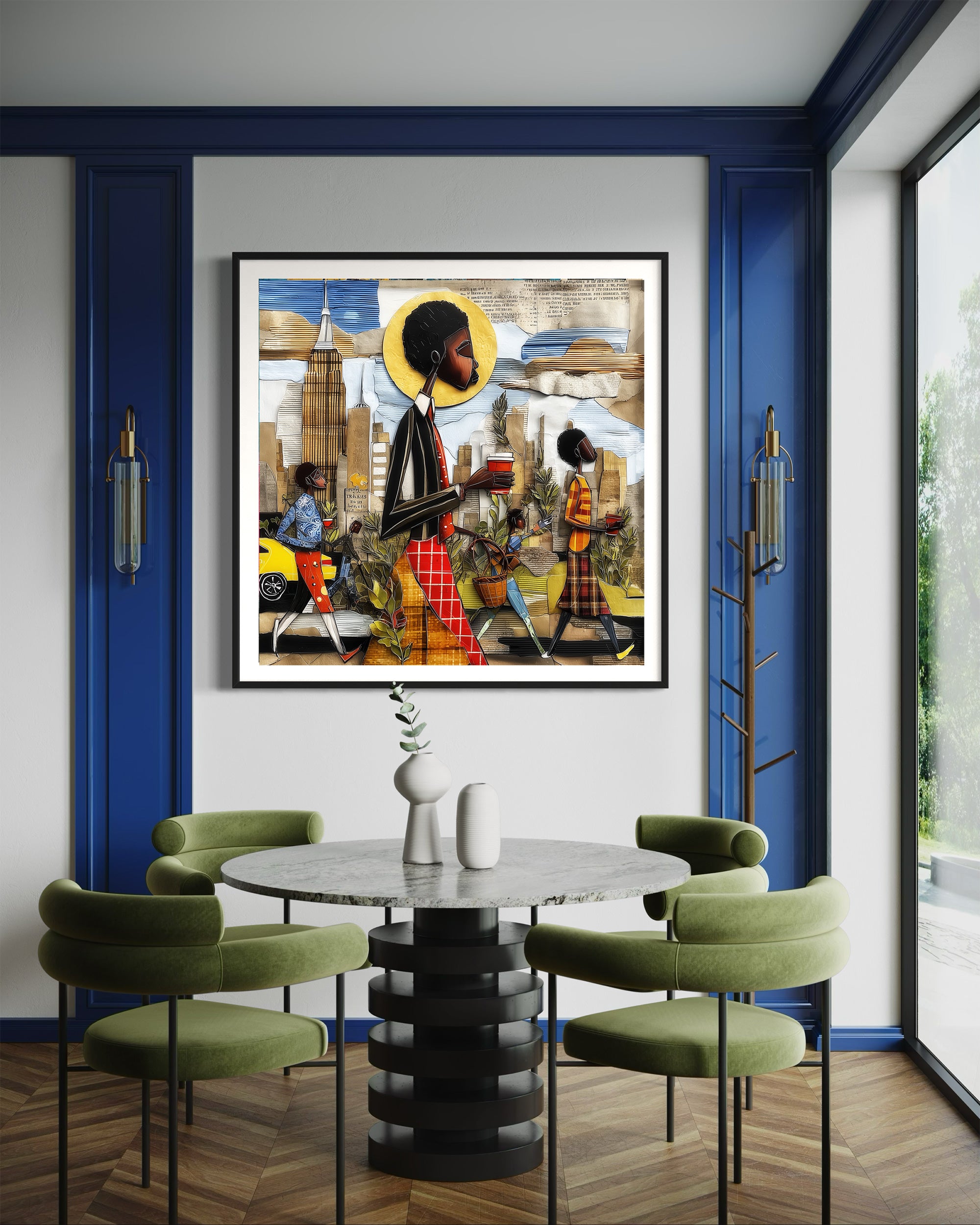 Abstract Afrocentric wall art print showing Black professionals walking in Manhattan morning rush hour with coffee cups and plants, dynamic elongated figures, city skyline, taxis, and street signs in warm tones.