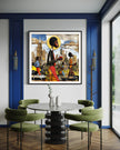 Abstract Afrocentric wall art print showing Black professionals walking in Manhattan morning rush hour with coffee cups and plants, dynamic elongated figures, city skyline, taxis, and street signs in warm tones.