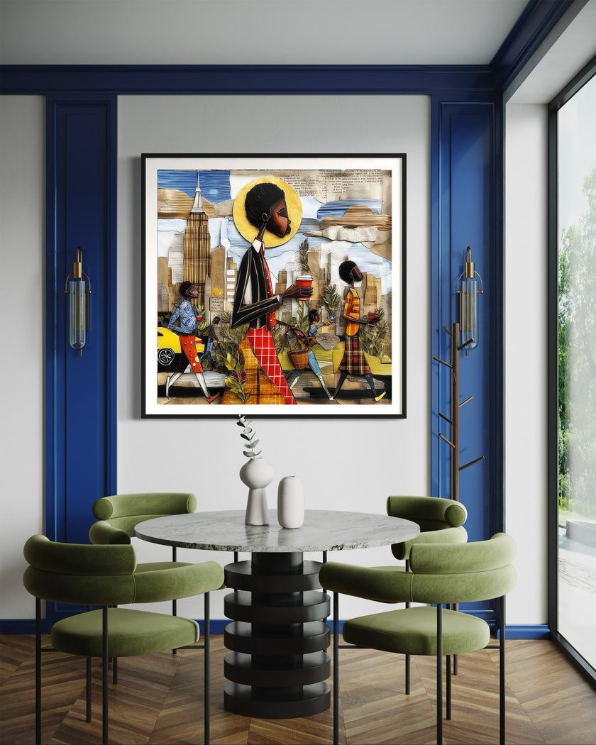 Abstract Afrocentric wall art print showing Black professionals walking in Manhattan morning rush hour with coffee cups and plants, dynamic elongated figures, city skyline, taxis, and street signs in warm tones.