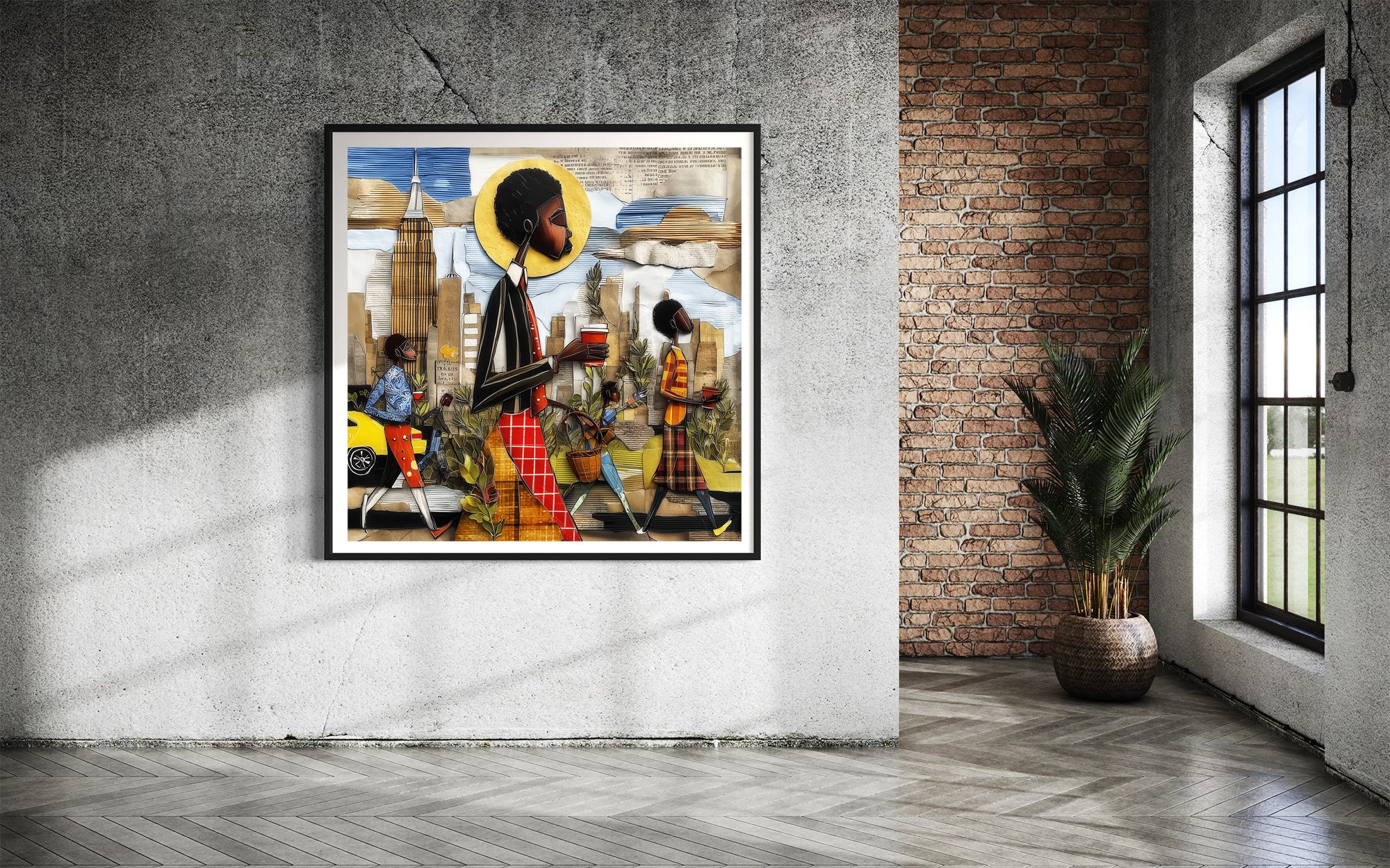Abstract Afrocentric wall art print showing Black professionals walking in Manhattan morning rush hour with coffee cups and plants, dynamic elongated figures, city skyline, taxis, and street signs in warm tones.