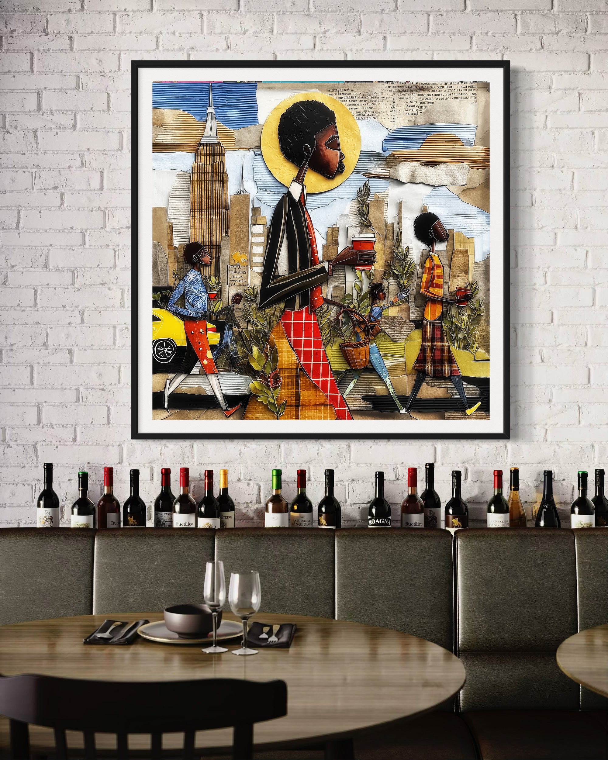 Abstract Afrocentric wall art print showing Black professionals walking in Manhattan morning rush hour with coffee cups and plants, dynamic elongated figures, city skyline, taxis, and street signs in warm tones.