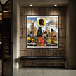 Abstract Afrocentric wall art print showing Black professionals walking in Manhattan morning rush hour with coffee cups and plants, dynamic elongated figures, city skyline, taxis, and street signs in warm tones.