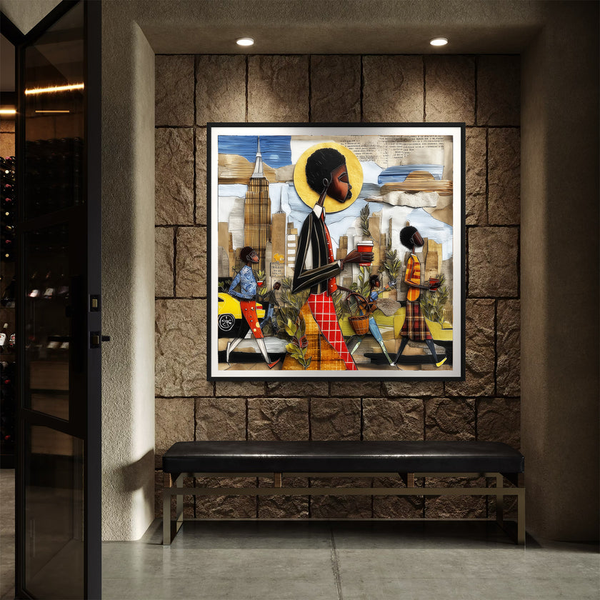 Abstract Afrocentric wall art print showing Black professionals walking in Manhattan morning rush hour with coffee cups and plants, dynamic elongated figures, city skyline, taxis, and street signs in warm tones.