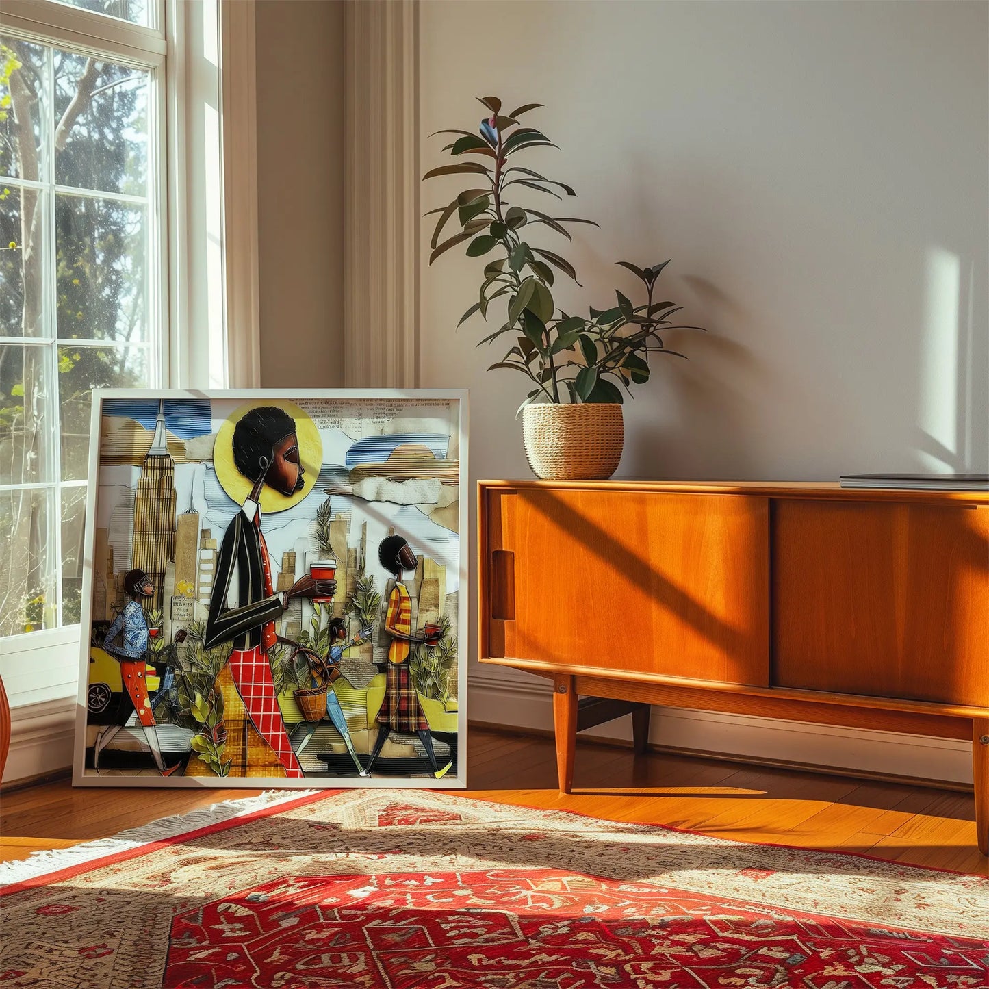 Abstract Afrocentric wall art print showing Black professionals walking in Manhattan morning rush hour with coffee cups and plants, dynamic elongated figures, city skyline, taxis, and street signs in warm tones.